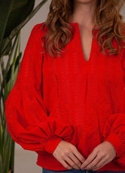 Red linen embroidered blouse in Ukrainian Vyshyvanka style with boho flair, featuring intricate folk designs, perfect gift for her.