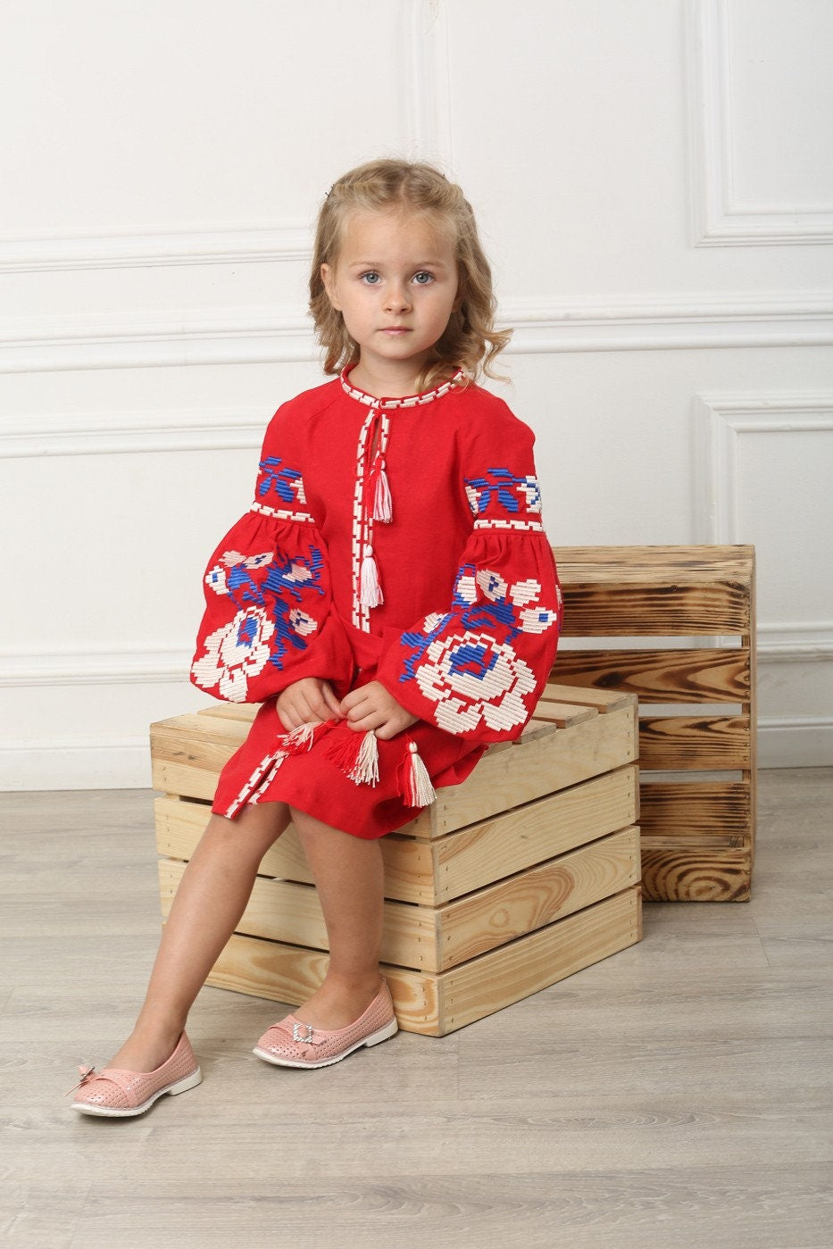 2025 red girls' Ukrainian vyshyvanka dress with floral cross-stitch, made from soft linen, blending tradition and comfort.
