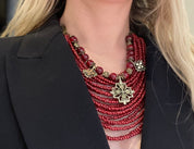 2025 Red Ukrainian Necklace with glass beads and bronze charms, showcasing traditional ethnic jewelry, perfect for festive wear.