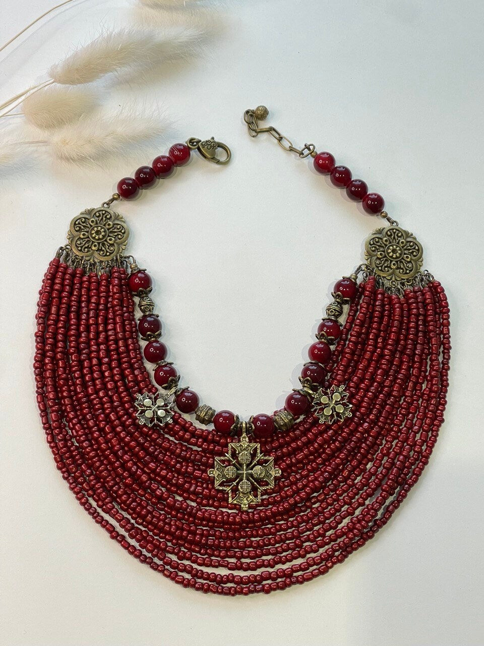 2025 Red Ukrainian Necklace with Glass Beads and Bronze Charms, Traditional Ethnic Jewelry for Vyshyvanka or Festive Wear