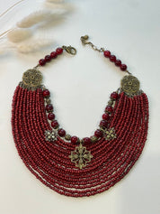2025 Red Ukrainian Necklace with Glass Beads and Bronze Charms, Traditional Ethnic Jewelry for Vyshyvanka or Festive Wear