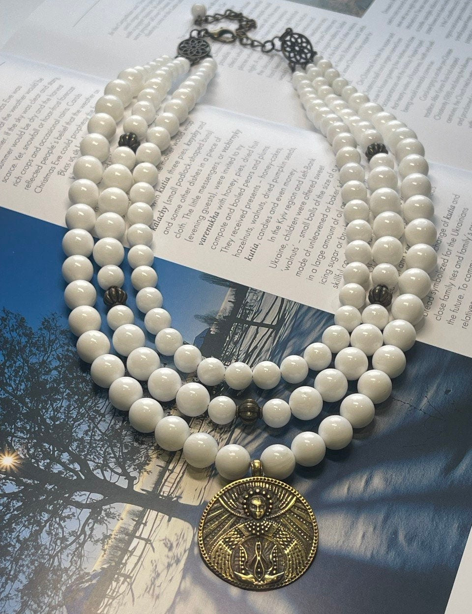 2025 Handmade Ukrainian Necklace with White Mother-of-Pearl Beads and Ethnic Pendant