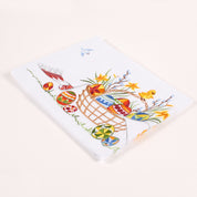 Linen tablecloth with colorful Ukrainian Easter embroidery featuring eggs and flowers, perfect for festive decor, size 140x140 cm.