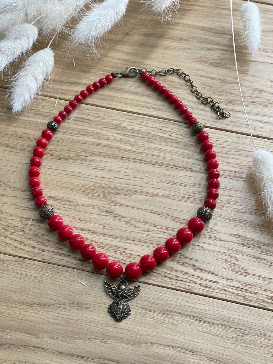 2025 Red Hutsul necklace with pressed coral beads and angel pendant, Ukrainian handmade jewelry, gift for her.