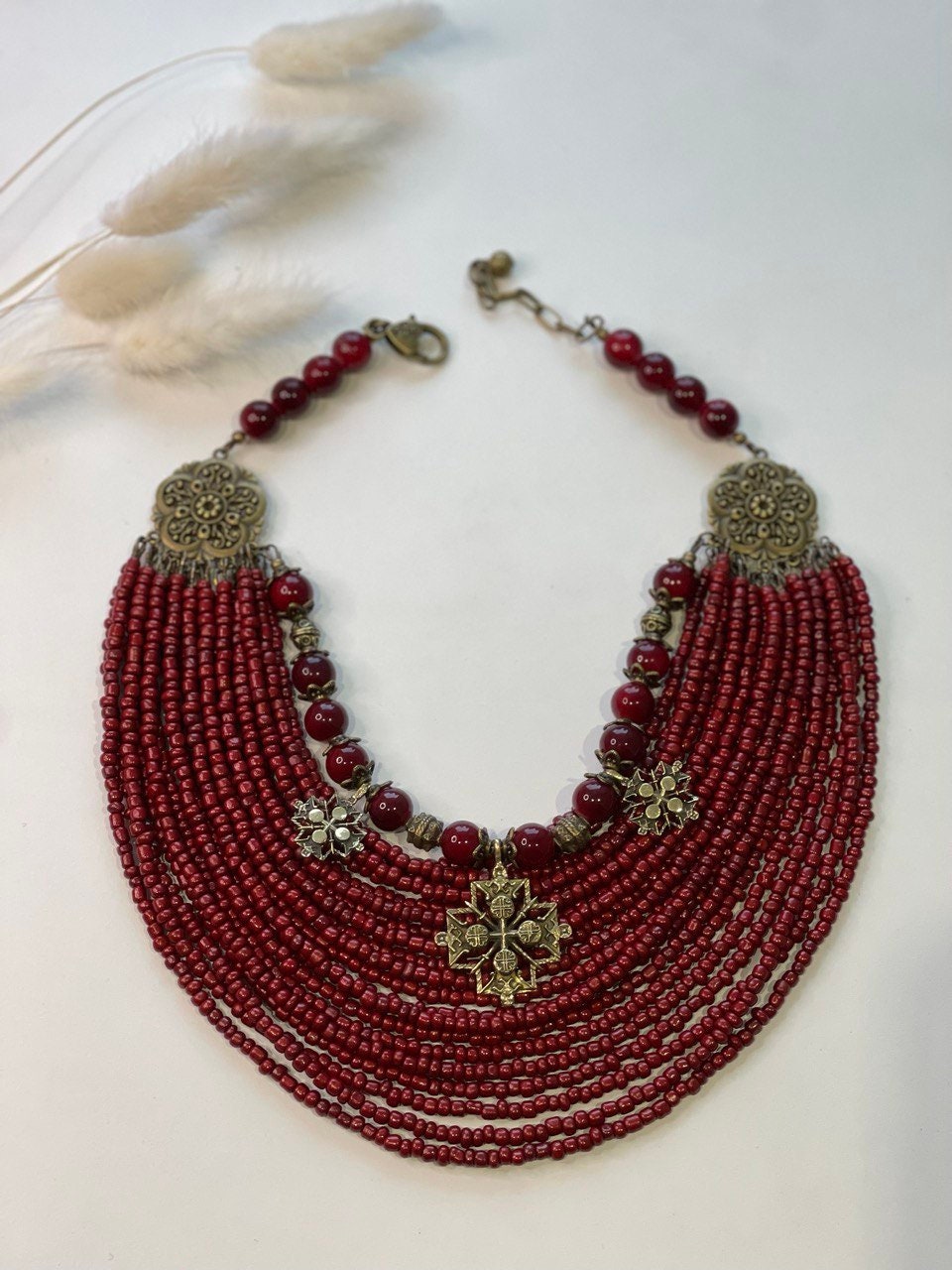 2025 Red Ukrainian necklace with glass beads and bronze charms, traditional ethnic jewelry gift for her, cultural accessories