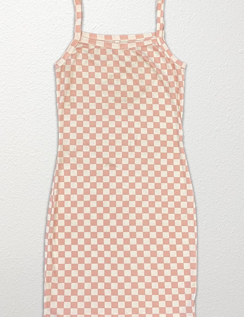 Calindra Check Knit Tank Dress with playful check print, ribbed knit, adjustable straps, and scoop neckline, perfect for summer.
