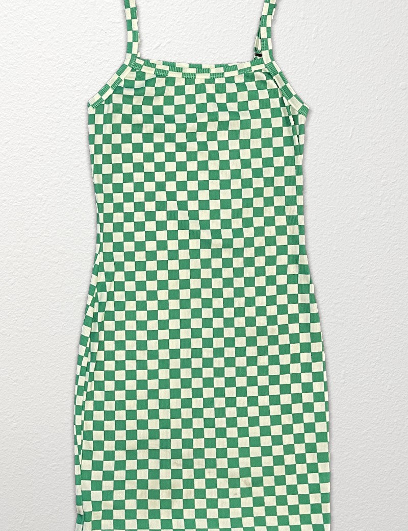 Green and white check knit tank dress with adjustable straps and ribbed, figure-hugging fabric, ideal for casual summer outings.