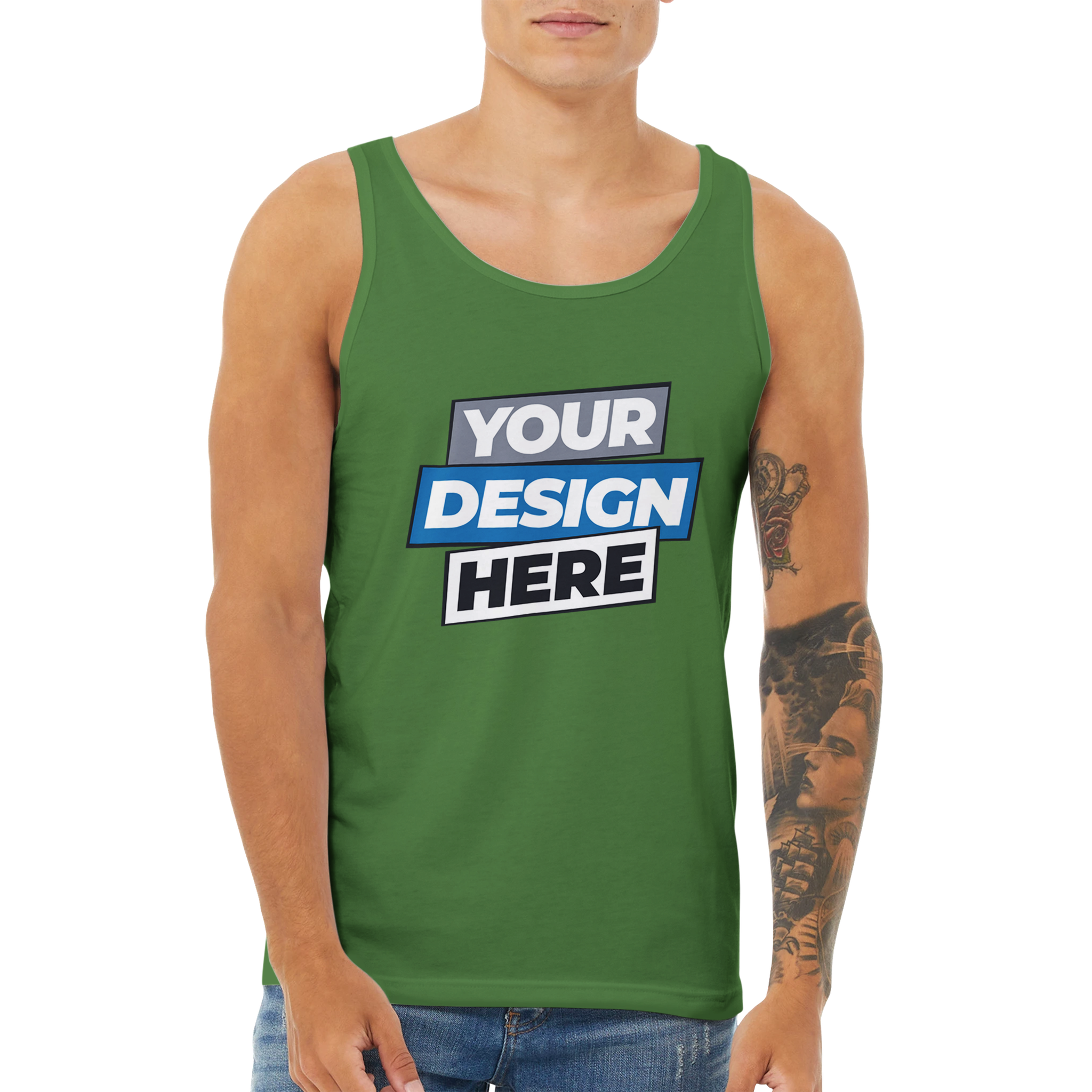 Green unisex cotton tank top with customizable design, perfect for layering, featuring lightweight, breathable fabric for comfort