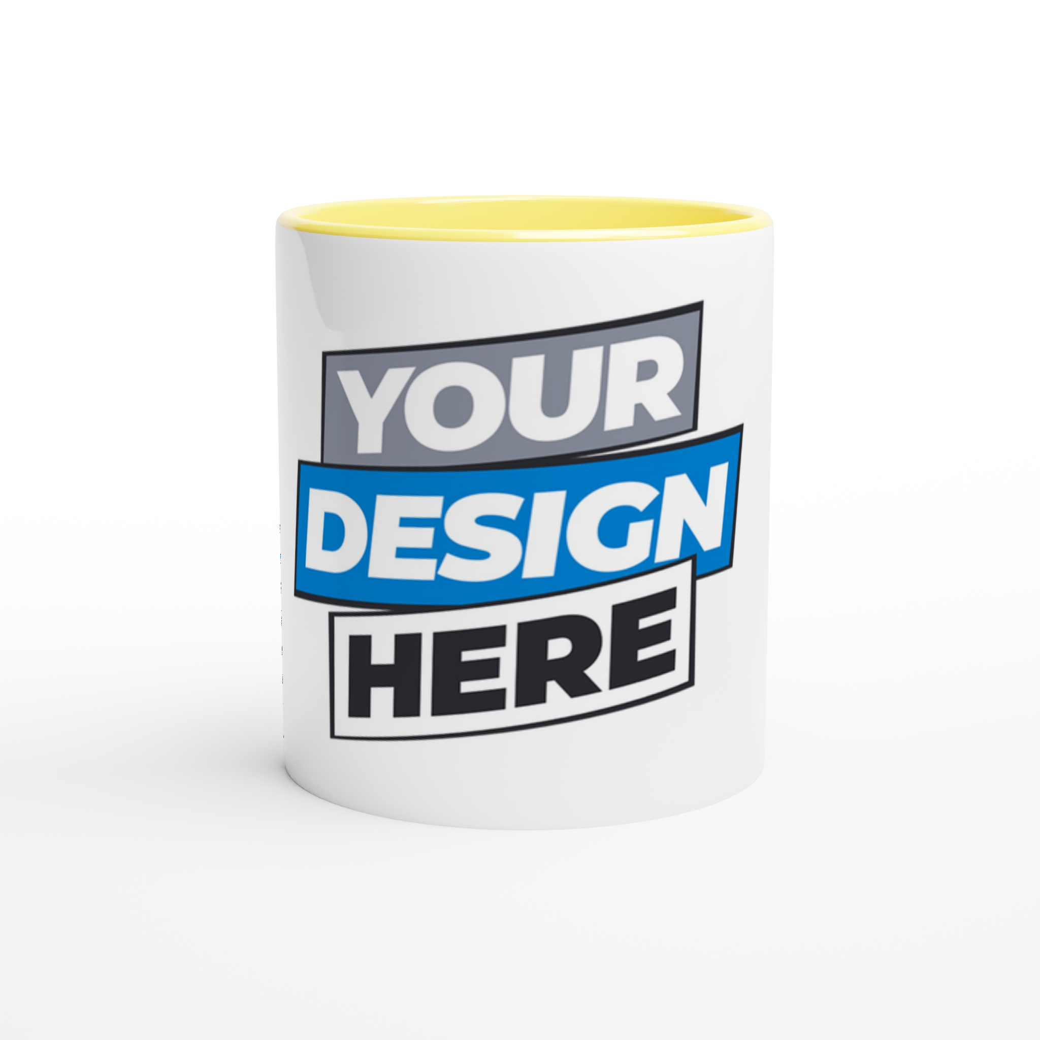 Print on Demand Irvelle Ceramic Mug with yellow accent, perfect for personalized designs and vibrant prints, 11 oz capacity.