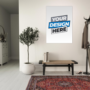 Living room with a blank fine art poster on wall, ready for customization, featuring smooth matte finish and surrounded by elegant decor.