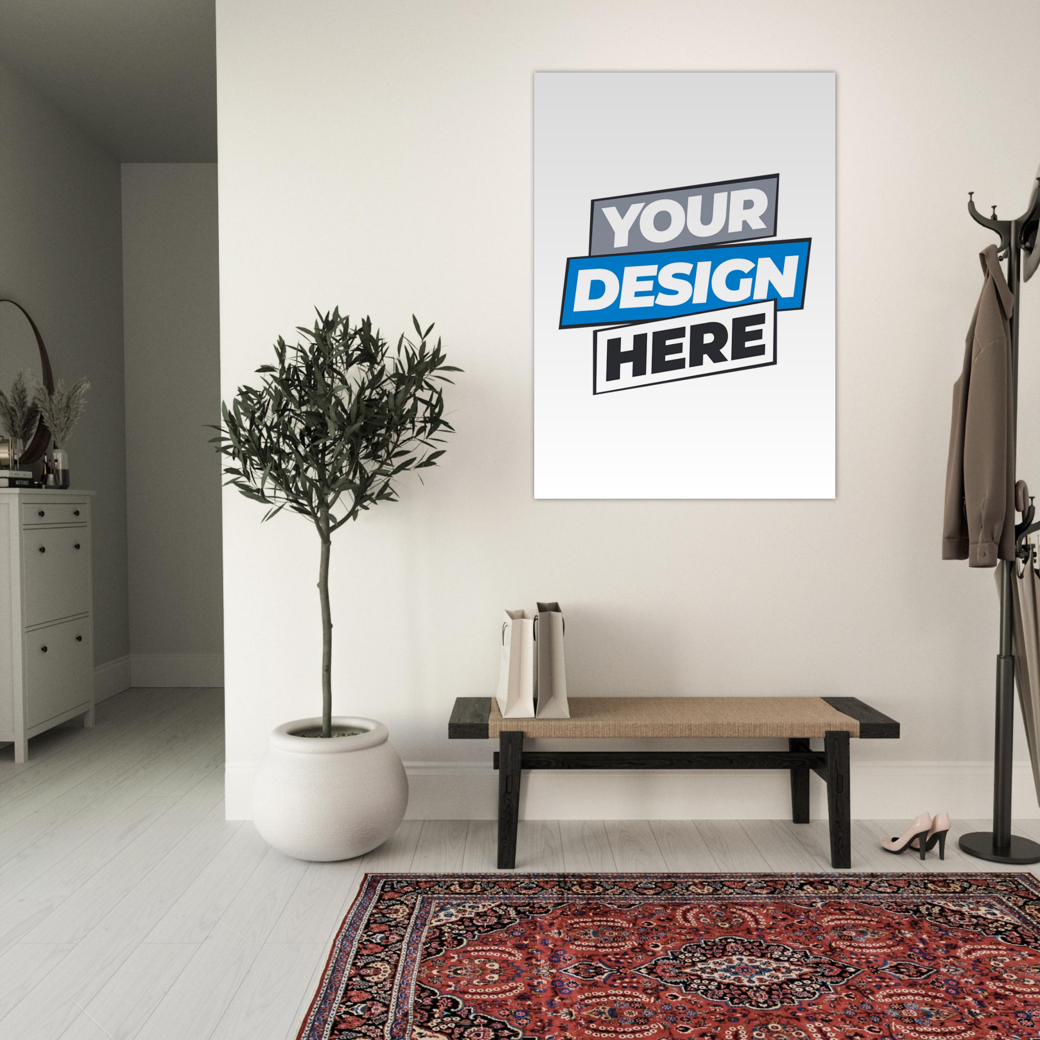 Living room with a blank fine art poster on wall, ready for customization, featuring smooth matte finish and surrounded by elegant decor.