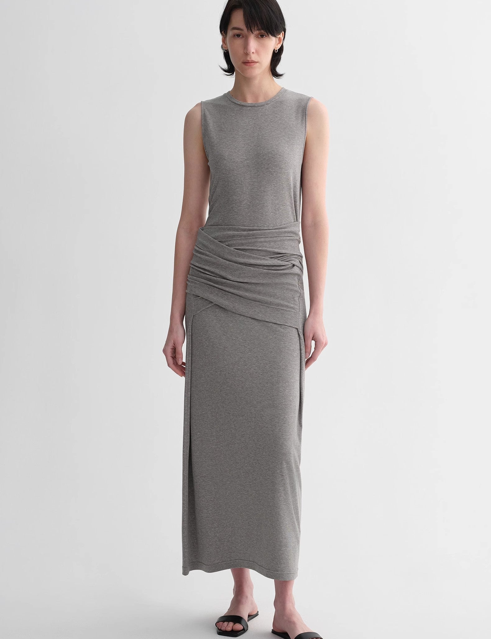 Urban Sculpt Wool Blend Midi Dress with round neckline, minimalist design, and draped detailing, crafted from merino wool blend.