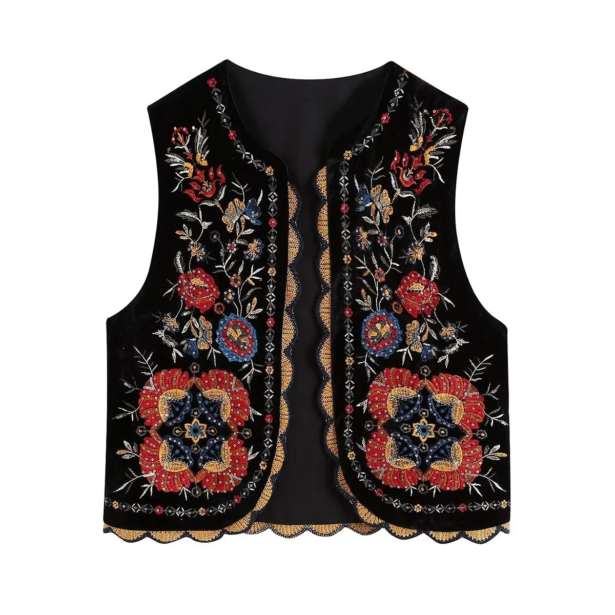 Stylish Vyshyvanka Waistcoat with intricate embroidery on black velvet, perfect for a sophisticated look. Available in red and black.