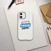 Custom design gloss tough iPhone case on desk, featuring dual-layer protection and compatibility with wireless charging.