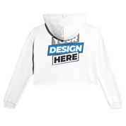 White cropped hoodie with design area on the back, featuring cozy fleece fabric and a raw hem for a modern, relaxed look.