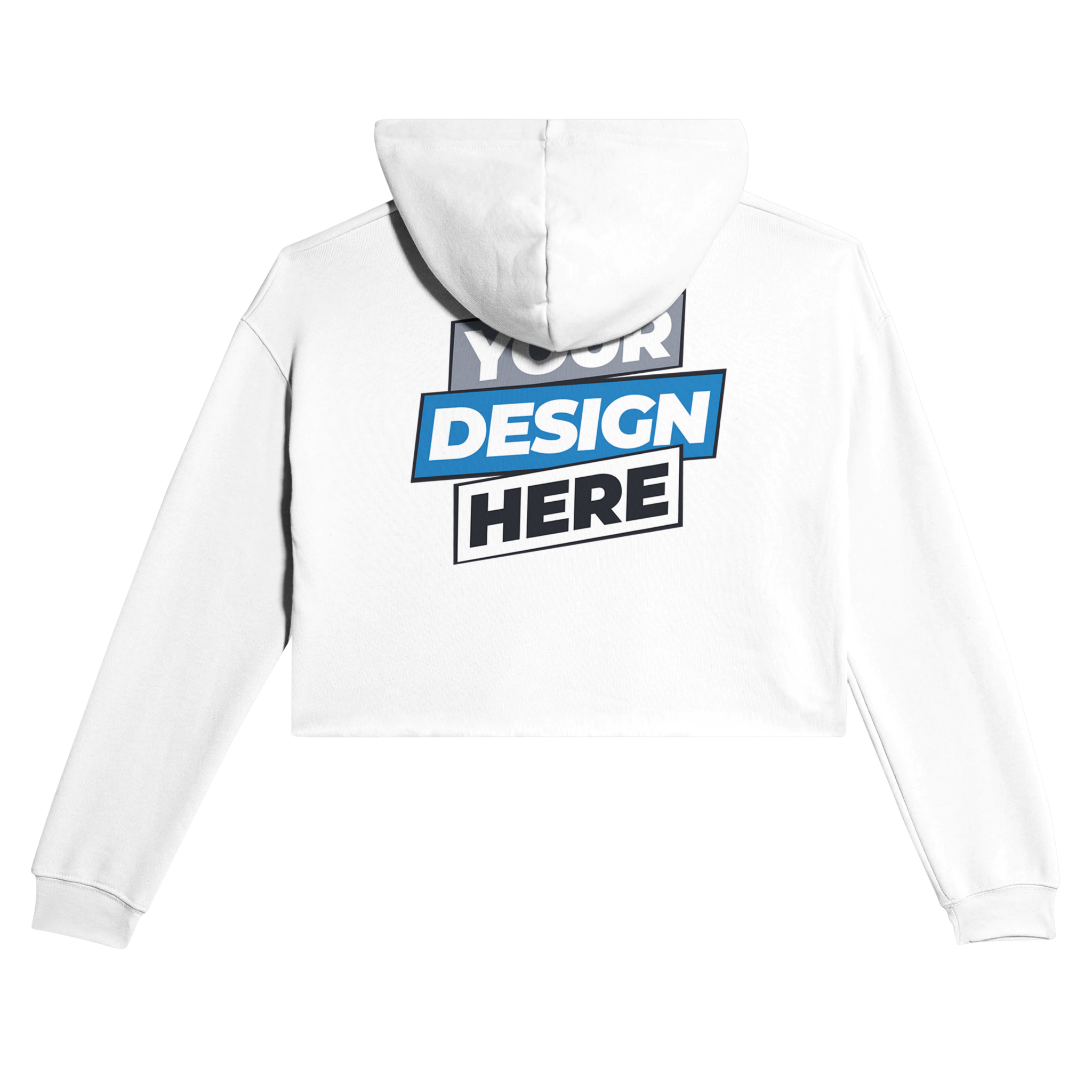 White cropped hoodie with design area on the back, featuring cozy fleece fabric and a raw hem for a modern, relaxed look.