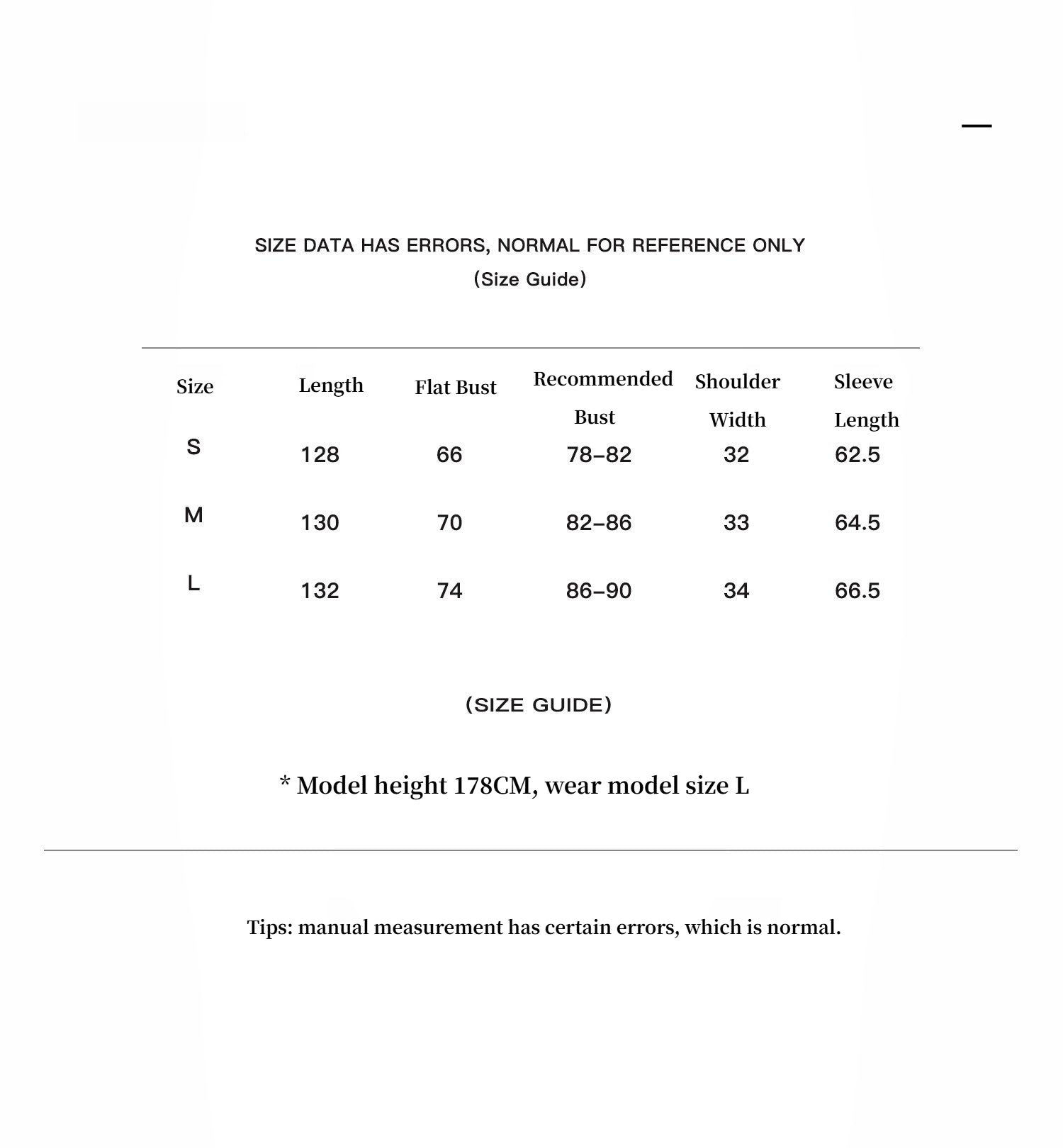 Size guide for Selvara dress showing measurements for S, M, L. Includes length, bust, shoulder width, and sleeve length.