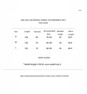 Size guide for Selvara dress showing measurements for S, M, L. Includes length, bust, shoulder width, and sleeve length.