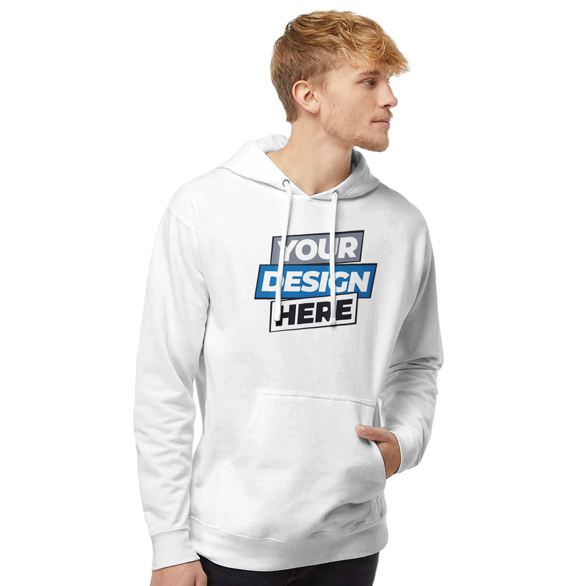 Man wearing a white Vardelux midweight hoodie with a customizable design, featuring a classic fit and kangaroo pocket.