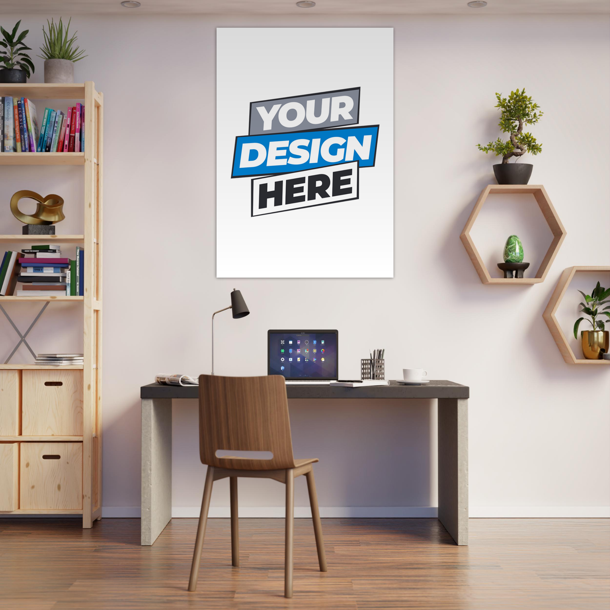 Home office with custom design art poster on wall, featuring modern desk, chair, and decorative shelving in sleek interior setup.