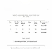 Size guide table for Fray Line Wool Knit Dress, includes measurements for sizes S, M, L: shoulder, sleeve, waist, skirt length, bust.