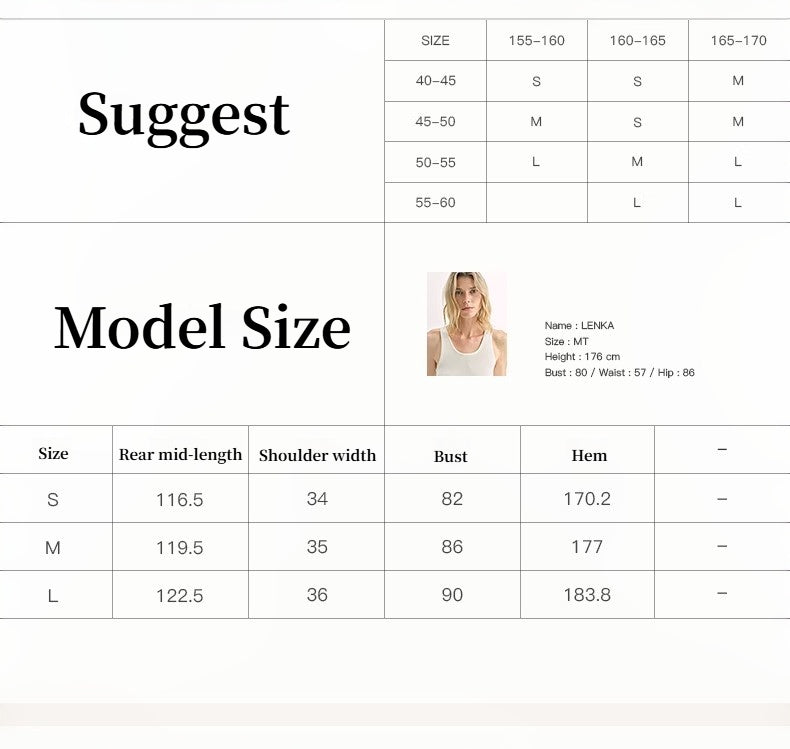 Size guide for women's apparel with measurements and suggested sizes. Includes model stats for reference.