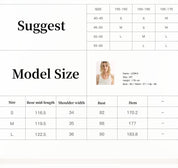 Size guide for women's apparel with measurements and suggested sizes. Includes model stats for reference.