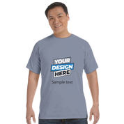 Model wearing a Durmor heavyweight t-shirt with customizable print design, showcasing comfort and style in 100% US-grown cotton.