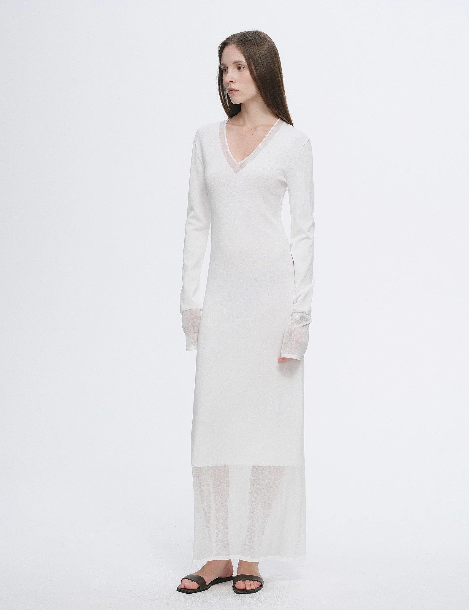 Virella Mesh-Splice V-Neck Dress with sheer panels, long sleeves, minimalist design, and A-line cut for a modern refined look.