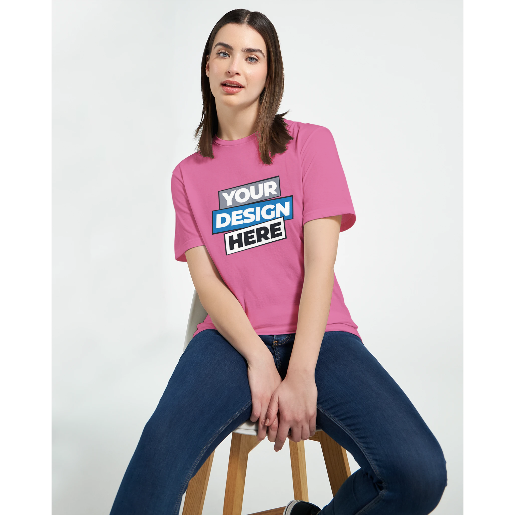 Woman wearing Zalmera cotton t-shirt with customizable print design, semi-fitted and pink, perfect for style and comfort