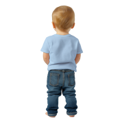 Baby wearing blue Leoni cotton tee and jeans, showing back view for print on demand customization.