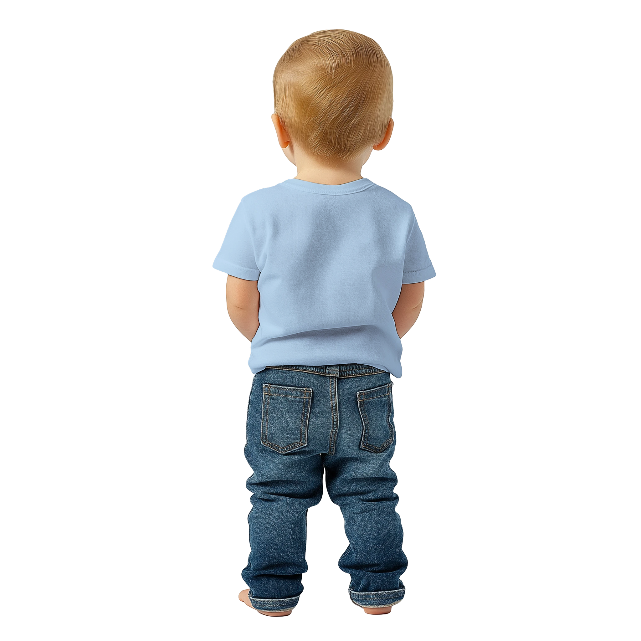 Baby wearing blue Leoni cotton tee and jeans, showing back view for print on demand customization.