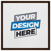 Customizable framed canvas with "Your Design Here" in bold fonts, featuring a dark brown wooden frame; perfect for art display.
