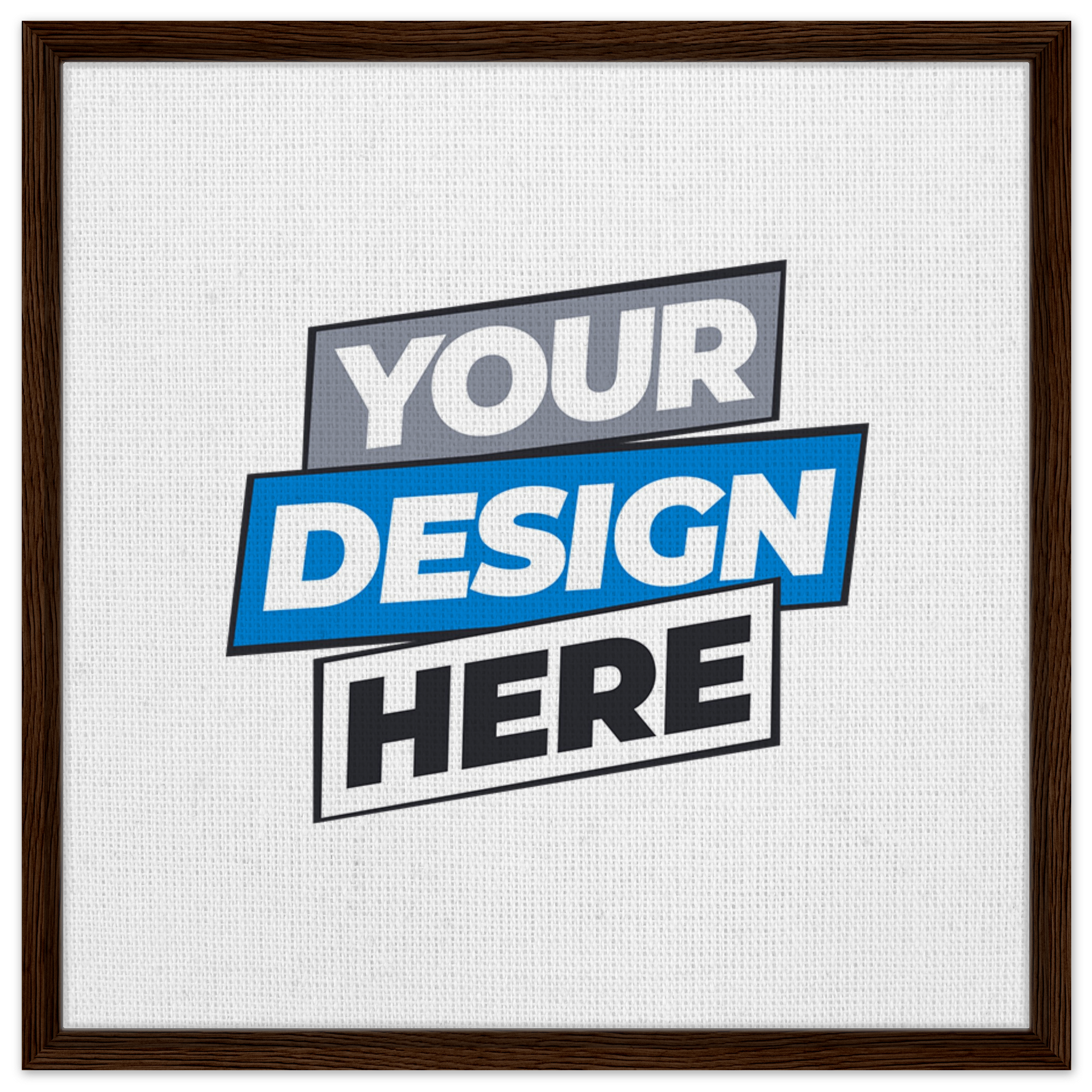 Customizable framed canvas with "Your Design Here" in bold fonts, featuring a dark brown wooden frame; perfect for art display.