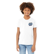 Child wearing a white cotton tee with custom design option, showcasing ribbed collar and soft, durable fabric for everyday comfort.