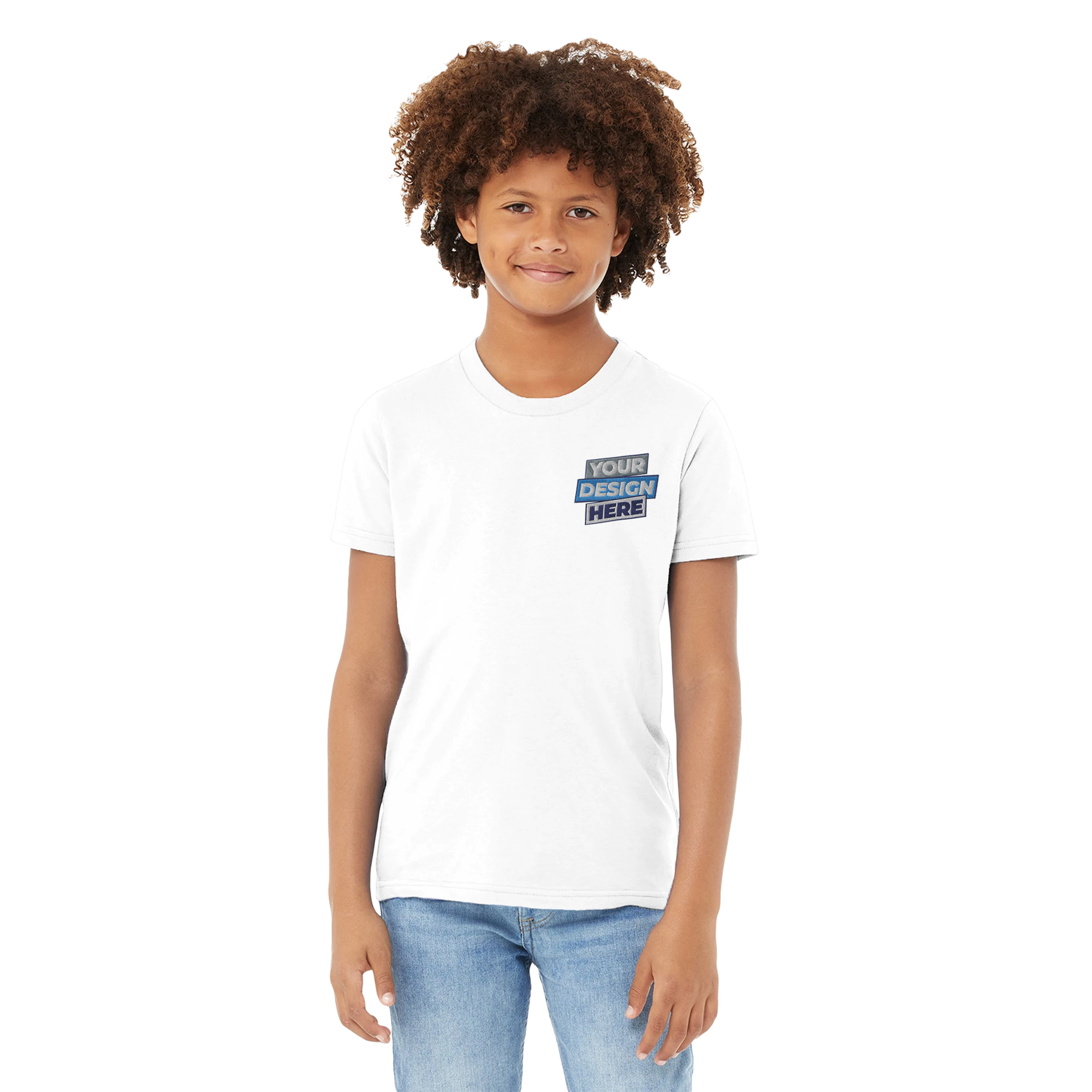 Child wearing a white cotton tee with custom design option, showcasing ribbed collar and soft, durable fabric for everyday comfort.