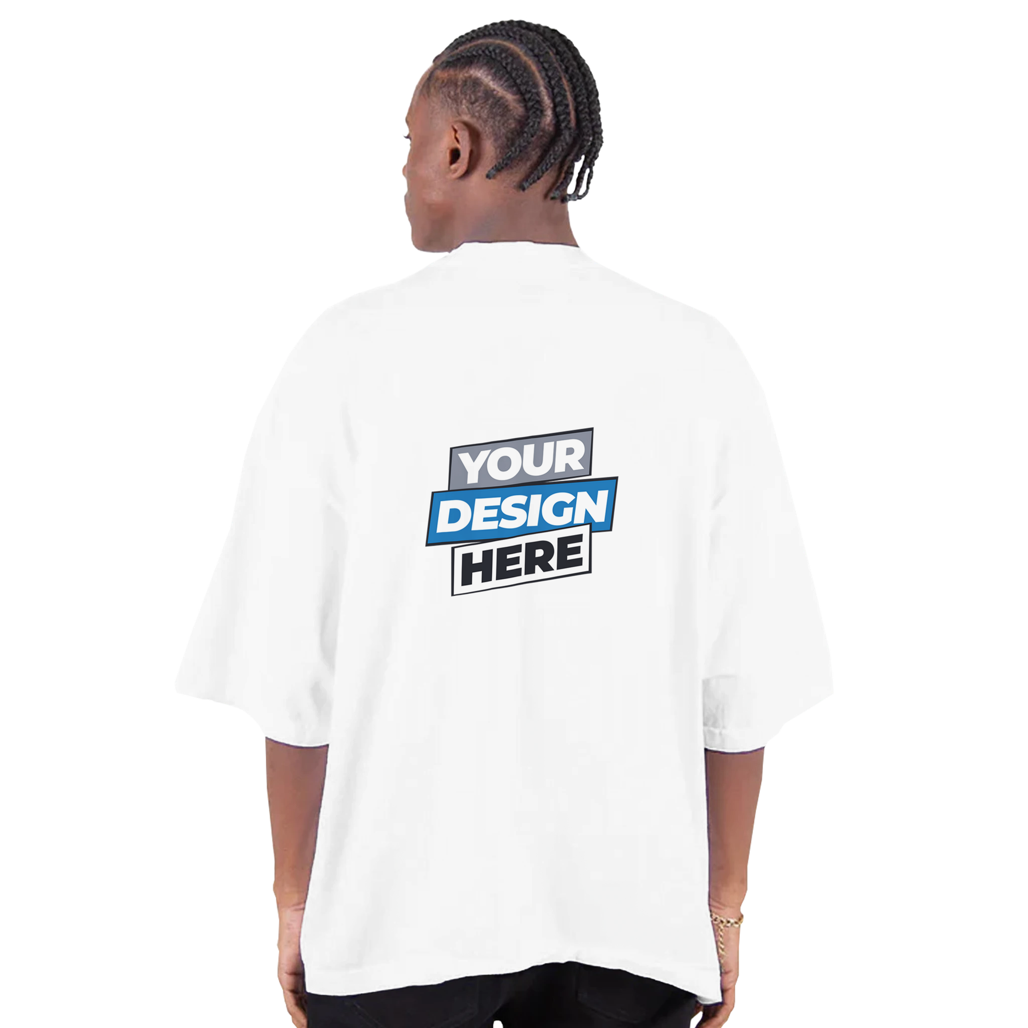 Back view of a model wearing a white oversized drop-shoulder t-shirt with a customizable design print area.