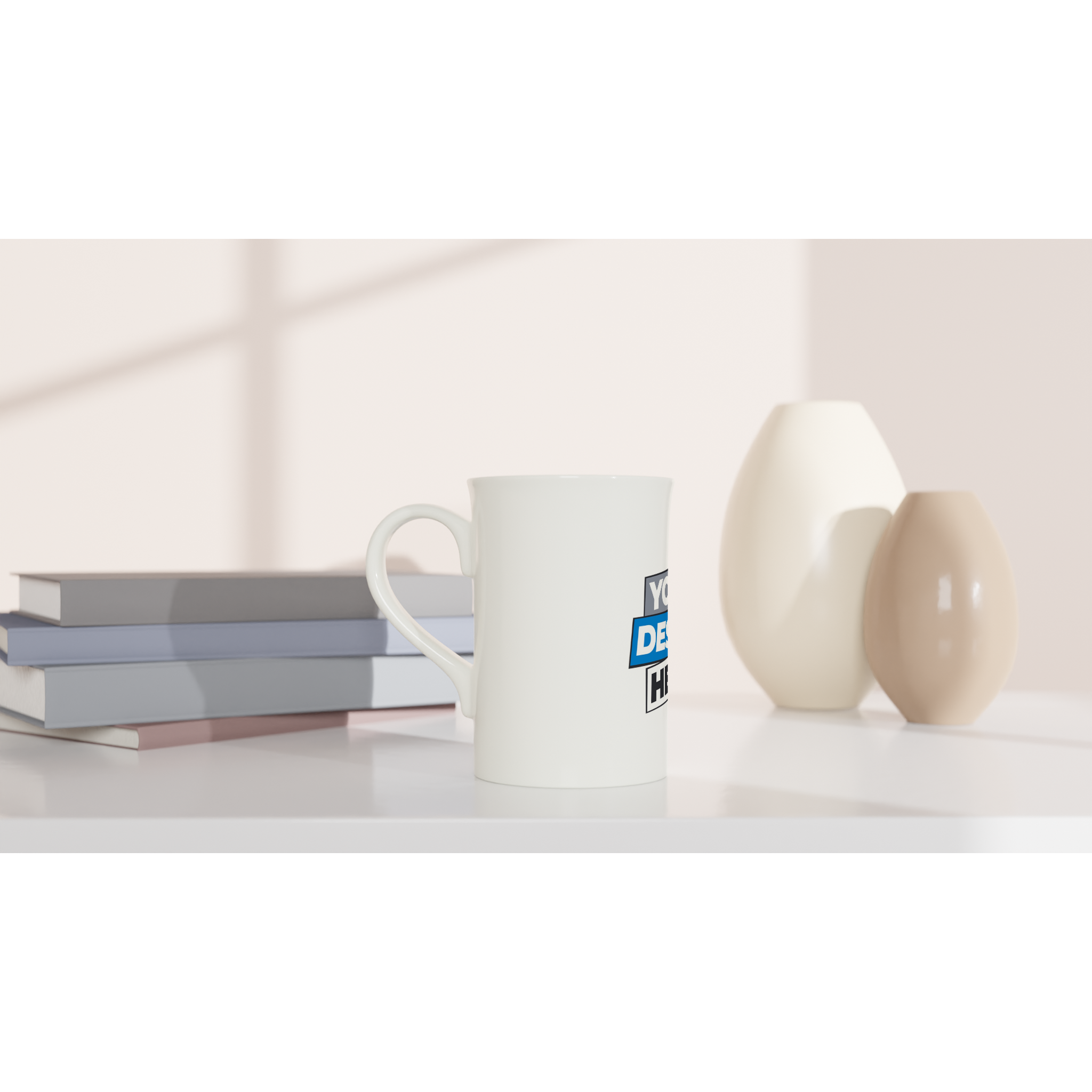 Slim white porcelain mug 10oz with custom print on a minimalist countertop beside books and ceramic vases.