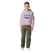 Terylo Youth Fleece Hoodie in pink with customizable design, cozy midweight fleece, jersey-lined hood, and pouch pocket for kids.