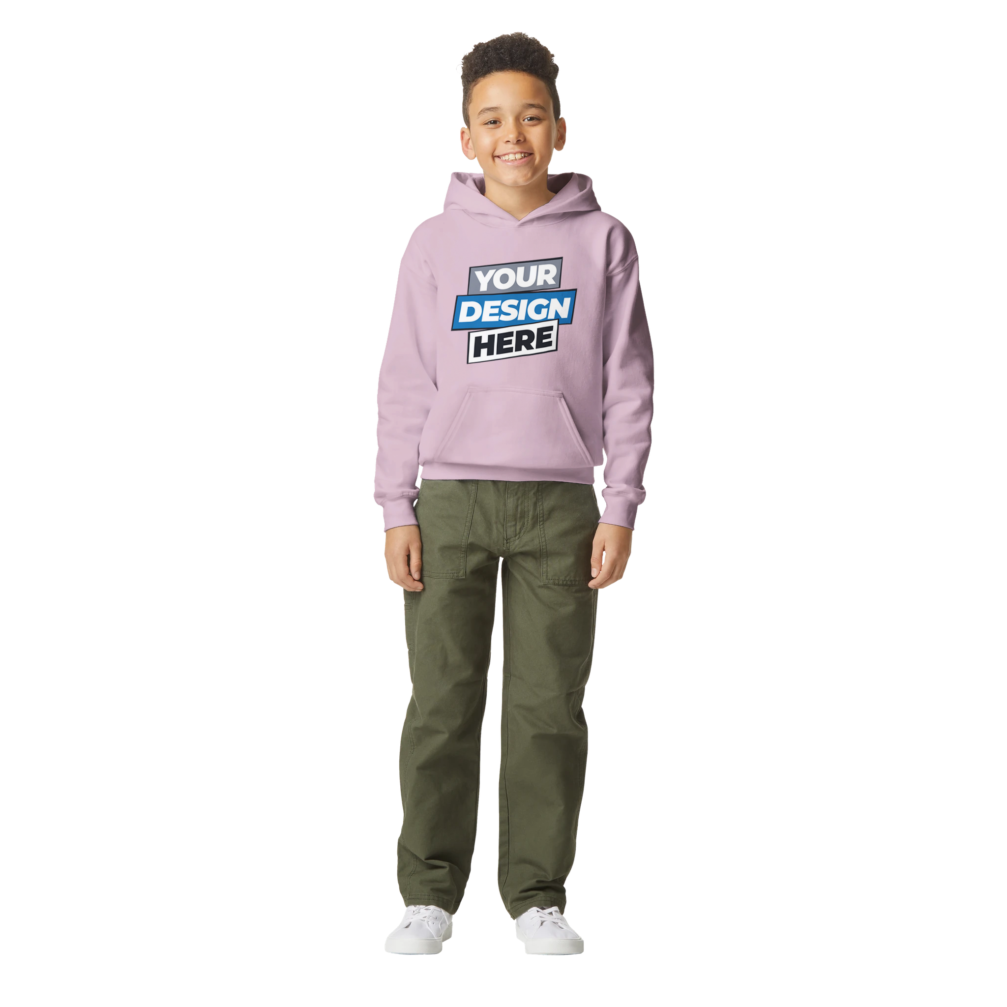 Terylo Youth Fleece Hoodie in pink with customizable design, cozy midweight fleece, jersey-lined hood, and pouch pocket for kids.