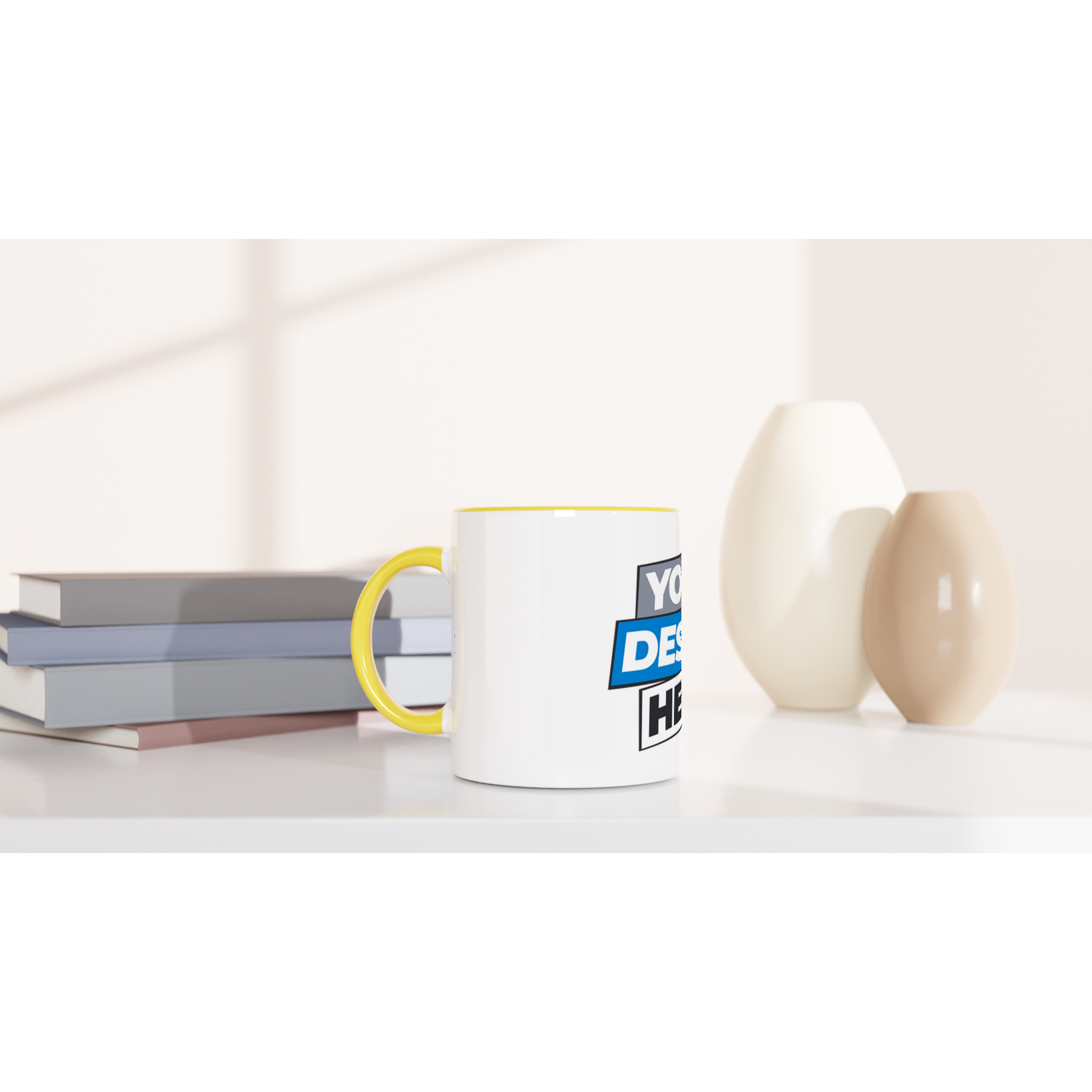Irvelle ceramic mug with yellow accent, showcasing print design, beside books and decorative vases. Perfect for coffee or tea.