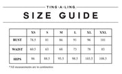 Size guide for Ting-A-Ling clothing in XS to XXL with bust, waist, and hips measurements in centimeters.