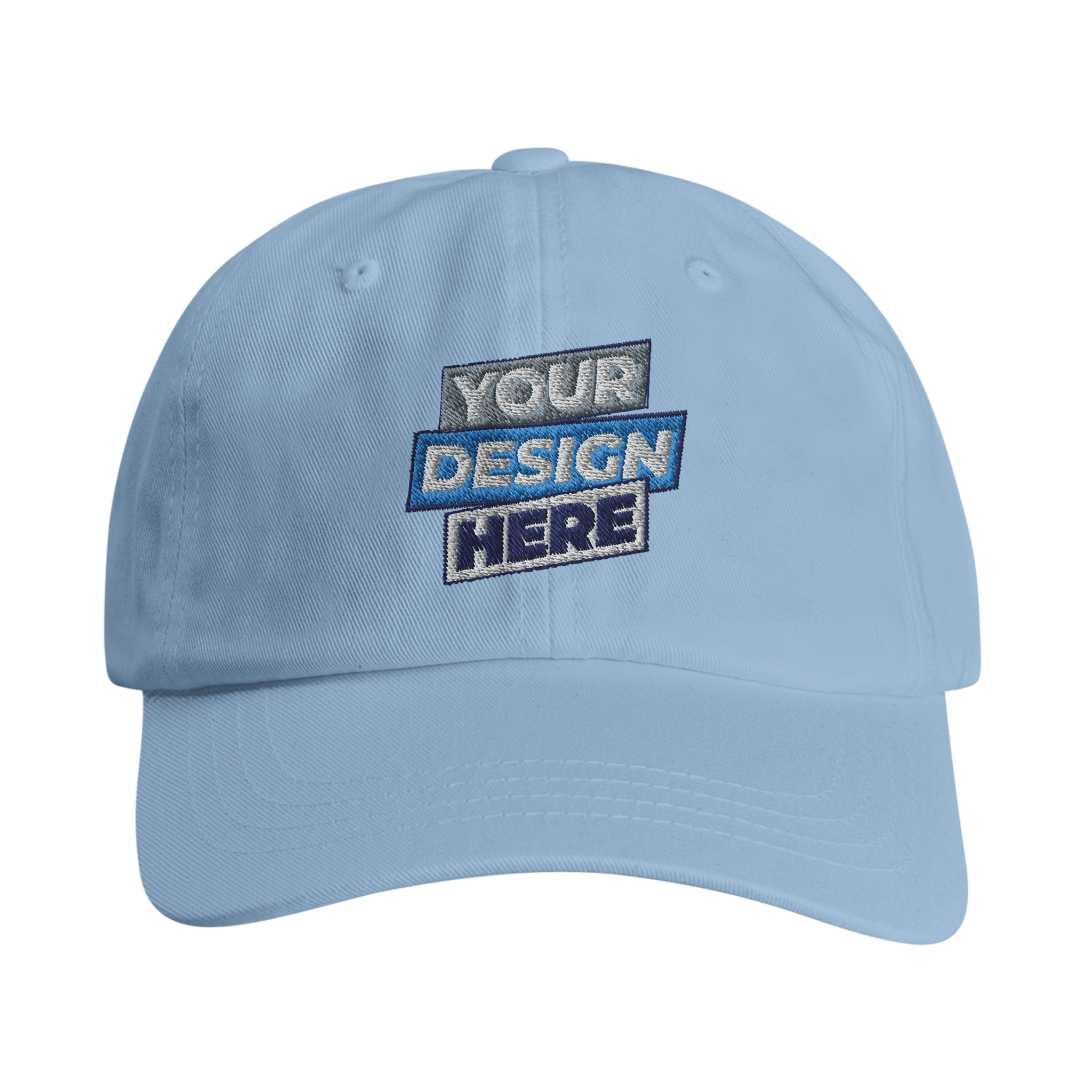 Light blue cotton dad cap with embroidered 'Your Design Here' text, showcasing customization options and casual style.