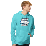 Model wearing a turquoise Vardelux Midweight Hoodie with customizable front print, highlighting streetwear style and cozy fleece material.