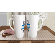 17oz white ceramic latte mugs with custom design on wooden table, perfect for coffee and hot beverages, microwave and dishwasher safe