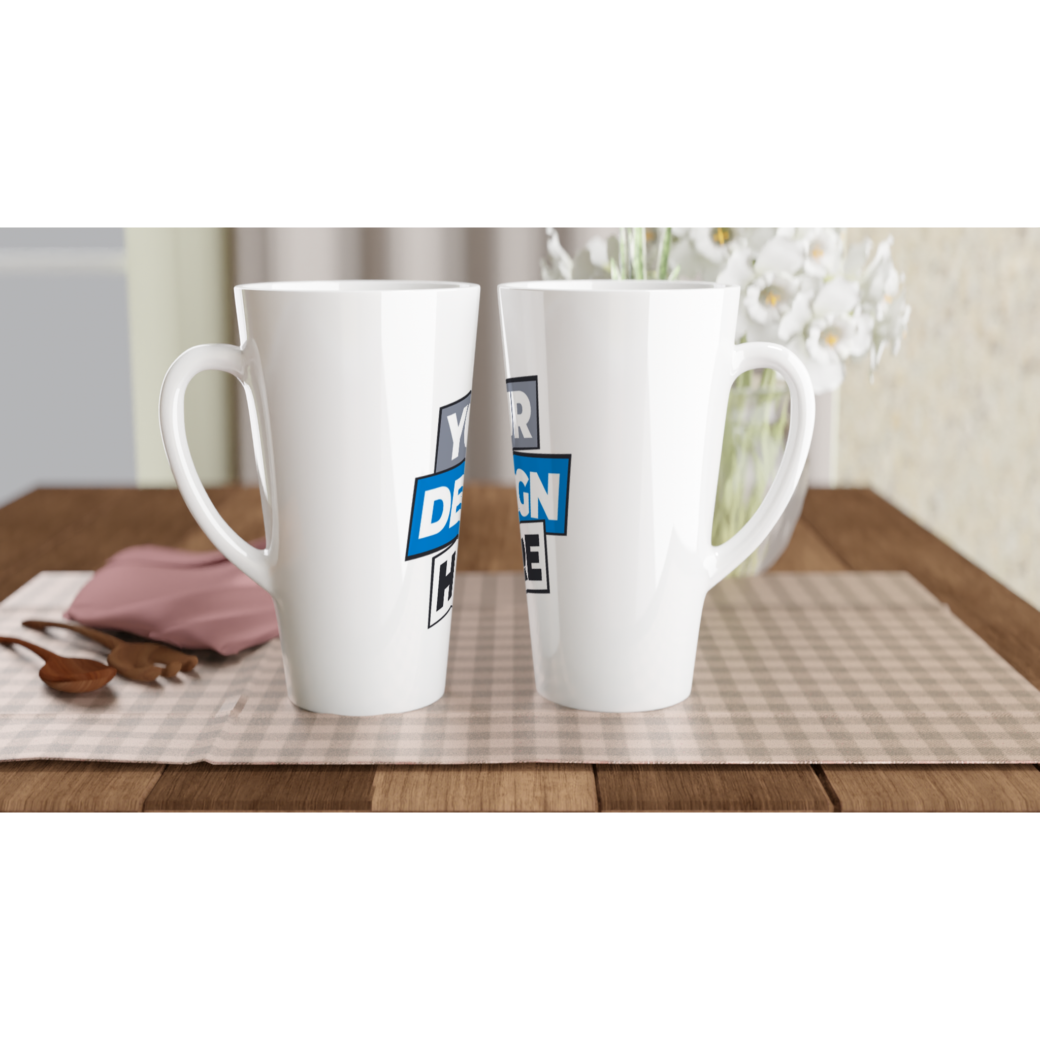 17oz white ceramic latte mugs with custom design on wooden table, perfect for coffee and hot beverages, microwave and dishwasher safe