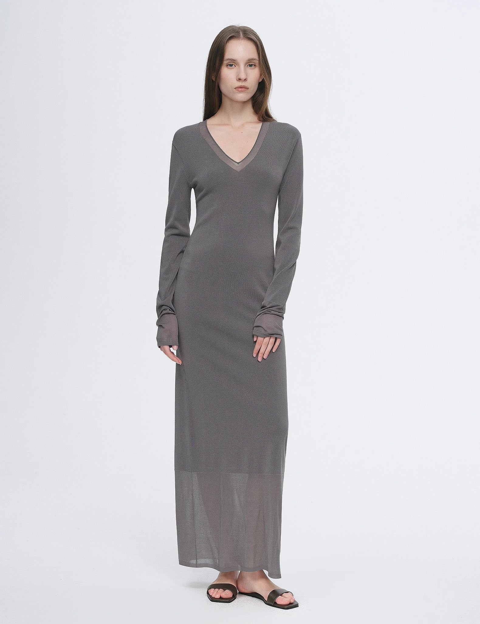 Virella Mesh-Splice V-Neck Dress with sheer panels and minimalist A-line cut, made from triacetate-Tencel blend, in elegant black.
