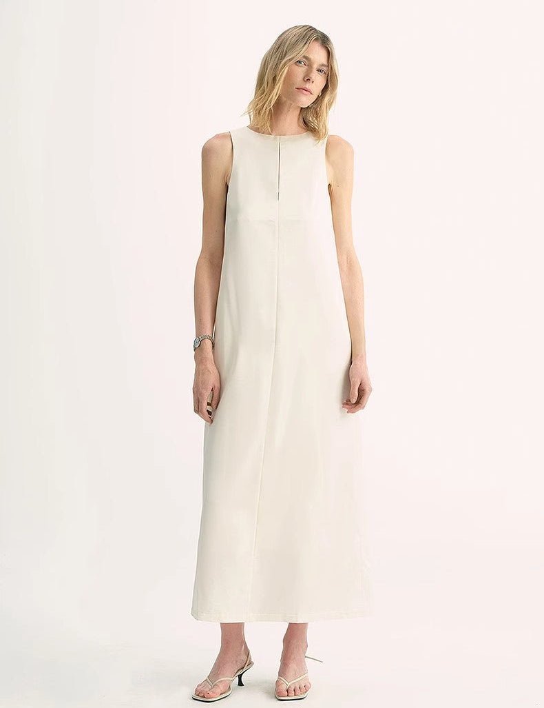 Corridor Stride Sleeveless Wool Blend Dress with A-line shape and vertical neckline, featuring discreet side pockets and teardrop back closure.