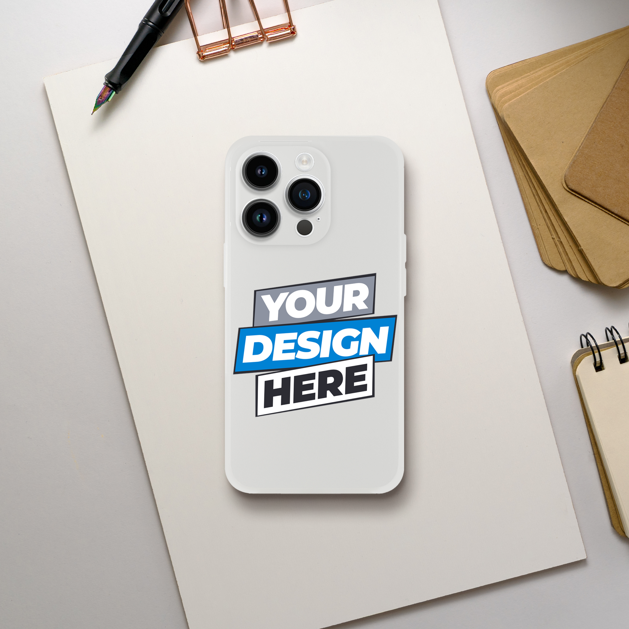 Transparent Flexi Case on desk, perfect for art display. Impact resistant, tear-resistant, and wireless charging compatible.