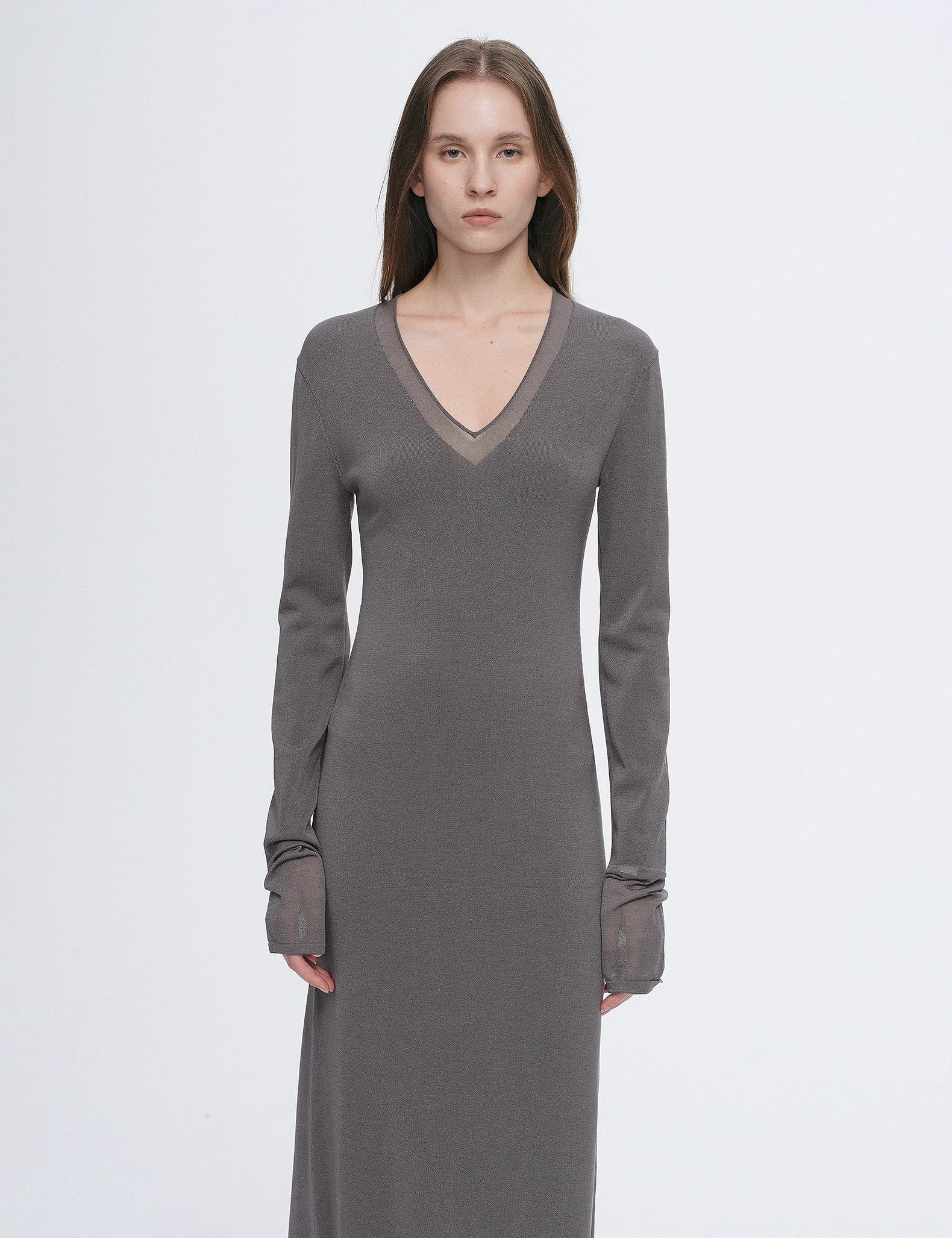 Virella Mesh-Splice V-Neck Dress with sheer panels and minimalist design, featuring a soft draping triacetate-Tencel blend.